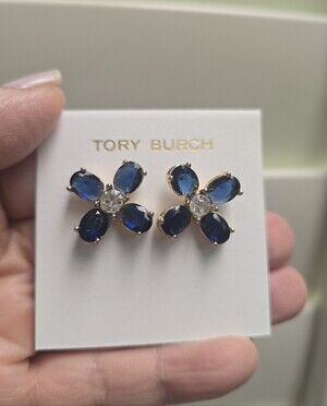 Tory Burch Navy Blue Floral Crystal Stud Earrings
